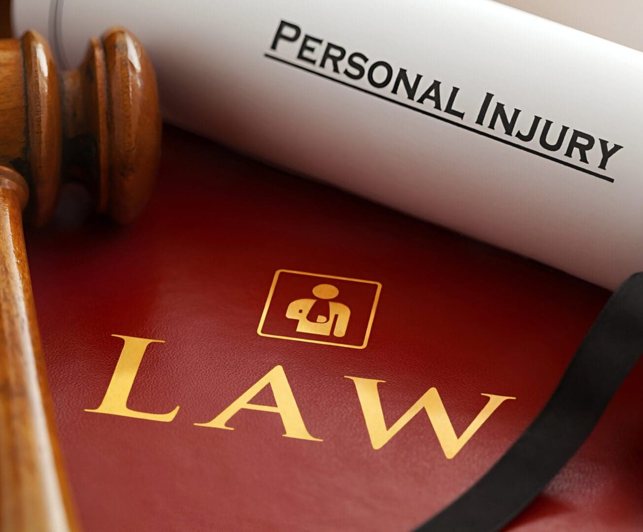 A gavel and a rolled document labeled "Personal Injury" rest on top of a red book with the word "LAW" and a simple icon of a person.